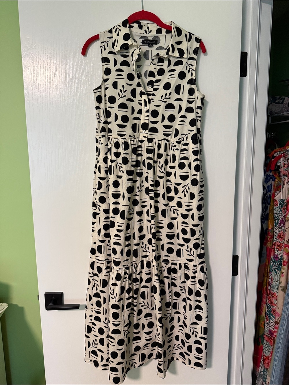 Rachel Zoe Sleeveless Black & Cream Geometric Collared Maxi Dress